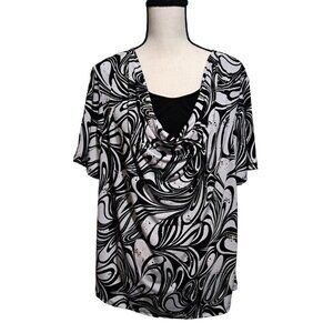 Brittany Black Woman Stretch Top Drape Neck Gray White Wavy Print Sequined 2X